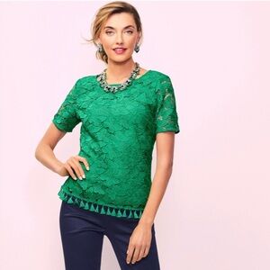 Talbots Emerald Lace Butterfly Top with tassel trim